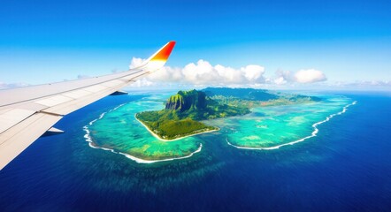 Obraz premium Photo of Island and Ocean from Airplane Window Near the Wing .