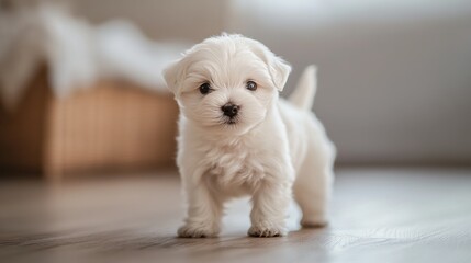 Adorable White Puppy Standing on Wooden Floor