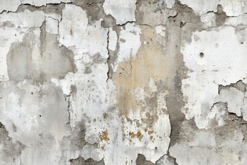 Obraz premium A close-up view of a weathered concrete wall with cracks, peeling paint, and stains. The surface shows a mix of gray and beige tones, highlighting the texture and age of the material.