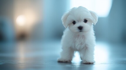 Cute White Puppy on a Blue Background