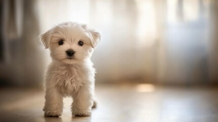 A Small White Puppy Posing In A Room