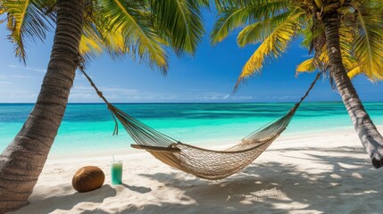 A serene beach scene featuring a hammock between palm trees and a refreshing drink.