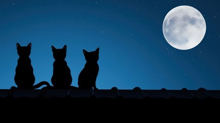 Silhouetted kittens on a rooftop under a starry night sky with a full moon