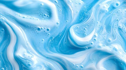 Fototapeta premium Transparent blue clear water surface texture with ripples, splashes and bubbles. Abstract summer banner background Water waves in sunlight with copy space Cosmetic moisturizer micellar toner emulsion