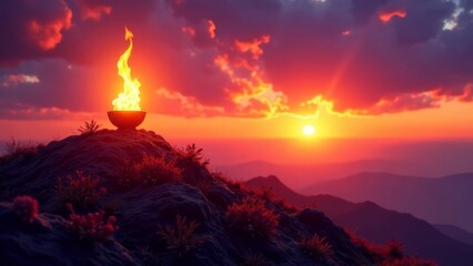 
Indian holiday. The flames of Karthigai Deepam glow brightly on the top of the hill, against the backdrop of the bright sunset sky.
