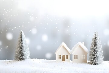 Naklejka premium Peaceful paper landscape with green pine trees, small houses, and white snow. Winter, holiday decor, serene scene, minimalist style.