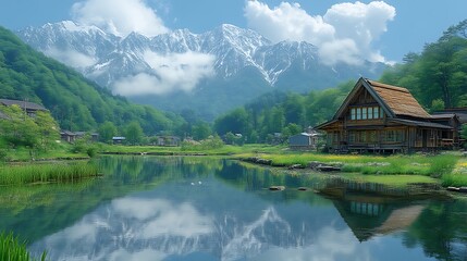 Fototapeta premium Mountain Village House Scenic Lakeside Reflection