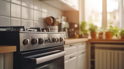 Modern Kitchen Appliance: Sleek Gas Stove and Oven in a Sunlit Room
