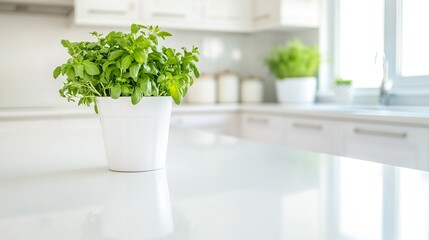 Indoor herb garden in white pot on kitchen counter