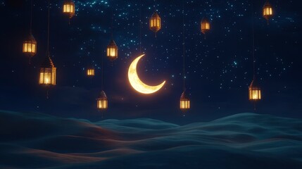 Fototapeta premium Design a 3D portrait scene of a glowing crescent moon surrounded by traditional lanterns, suspended in the air over a serene desert landscape at night. The lanterns should emit a warm, For ramadan.