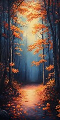 Fototapeta premium autumn forest path with sunlight streaming through golden leaves