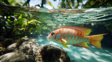 Colorful Fish Swimming Beneath Clear Jungle Water