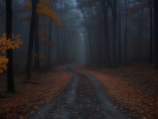Naklejka premium Autumn Road Winding Through a Misty Forest