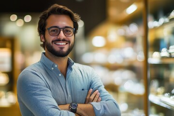 Fototapeta premium A young salesman man with glasses and a beard smiles confidently with arms crossed, standing in a well-lit jewelry store filled with sparkling displays in the background.