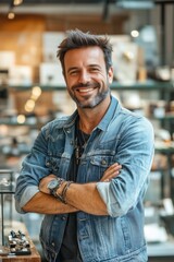 Obraz premium A smiling salesman man with a beard and styled hair stands confidently with crossed arms in a jewelry store. He wears a denim jacket and has accessories like bracelets and a watch.