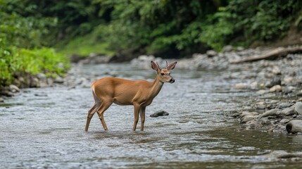 Deer in Tranquil Jungle River Environment