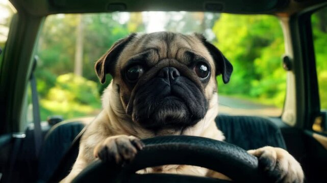 Funny serious pug dog sitting in driver seat, paws on steering wheel. Funny pet, pug driving car concept, driving down the road, cute animal portrait in car moving. Dog looking forward. Slow motion