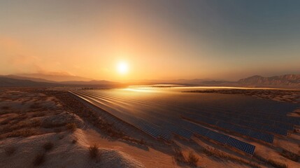 Solar Panels Glimmering at Sunset in a Desert Landscape