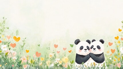 Fototapeta premium Cute pandas hugging in a colorful flower field watercolor background
