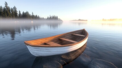 Obraz premium A serene boat resting on calm waters surrounded by misty trees at dawn.