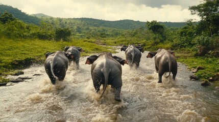 Elephants Crossing Stream in Misty Jungle Landscape