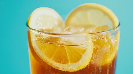 Refreshing iced tea with lemon slices in a glass against blue background