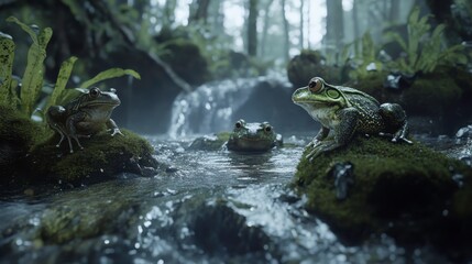 Fototapeta premium Frogs Hopping Across Mossy Rocks in a Jungle Setting