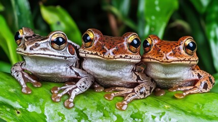 Naklejka premium Frogs Resting on Wet Leaves in Dense Jungle Setting