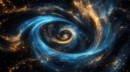 Abstract Cosmic Spiral with Blue and Gold Nebulae