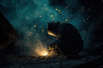 A welder working in a dark environment, sparks flying around as they weld. The scene is illuminated by the bright light of the welding torch.