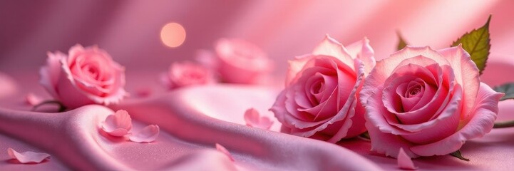 Fototapeta premium Softly glowing pink roses on a luxurious silk background, wedding decoration, roses, floral