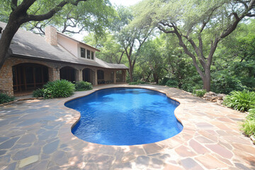 Stone House, Flagstone Patio, and Freeform Swimming Pool