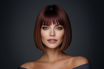 Portrait of Woman with Auburn Bob Haircut and Bangs