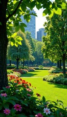 Obraz premium Lush greenery in Central Park on a sunny day with blooming flowers and trees, gardens, nature, spring