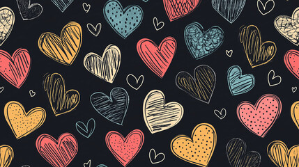 A trendy hand-drawn doodle pattern featuring playful hearts in various sizes and styles. The whimsical design is perfect for modern prints, stationery, textiles, Valentine's Day themes, and creative p