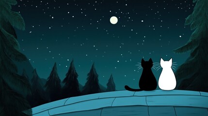 Naklejka premium Two cats sitting on a rooftop gazing at the full moon under a starry night sky, surrounded by tall pine trees