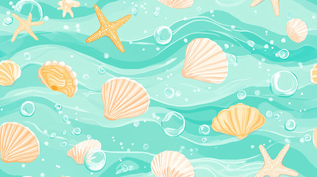 A playful design featuring shells, starfish, small fish, waves, and bubbles on a light turquoise background. This coastal-themed pattern evokes a serene beach vibe, perfect for summer decor, textiles,