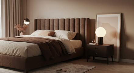 Fototapeta premium Modern bedroom design with cozy lighting and elegant decor elements