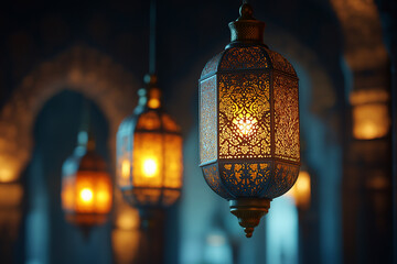 A beautiful lantern with intricate patterns hanging from the ceiling, glowing softly in shades of gold and silver against an indigo background conveys warmth and serenity during Ramadan.