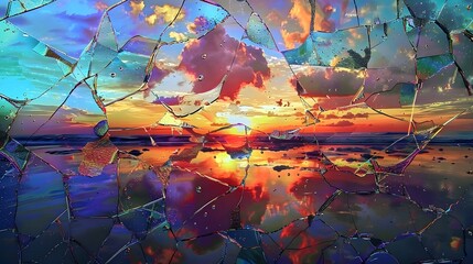 Fototapeta premium Abstract dynamic Shattered Glass, Reflections of a Shattered Sunset: An Abstract Display of Vibrant Colors and Fragmented Light,
