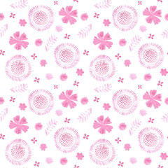 Seamless Pink Floral Pattern with Hand-Drawn Botanical Elements on White Background 