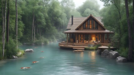 Fototapeta premium Tranquil Wooden Cabin Nestled Beside Serene Forest River