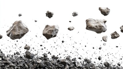 A scattering of rocks floating against a white background, creating a surreal effect.