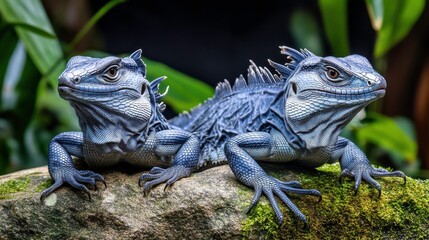Obraz premium Reptiles Basking on Mossy Stones in Jungle Clearing