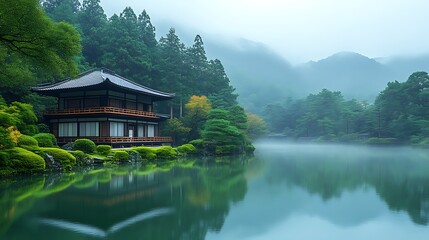 Naklejka premium Serene Japanese Pavilion Reflecting in Misty Lake