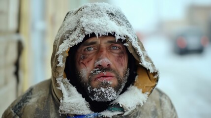 Portrait of a man with frost-covered hood and beard, standing outdoors in harsh winter conditions