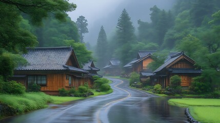 Naklejka premium Misty Mountain Village Road Houses Japan