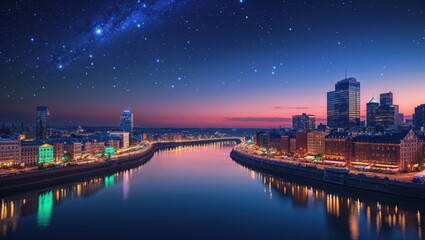 Fototapeta premium A stunning night view of a city skyline with a river reflecting colorful lights and starry sky, creating a serene and vibrant atmosphere.