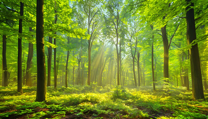 Obraz premium Sunbeams Through the Woods: A captivating image of sunlight streaming through a dense forest, illuminating the lush green foliage and creating a sense of peace and serenity.