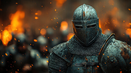 Teutonic Knight in Full Armor with Sword, Medieval Templar Warrior Standing in Battle Stance on Historic Battlefield in the Middle Ages, Dramatic Light and Historical Setting